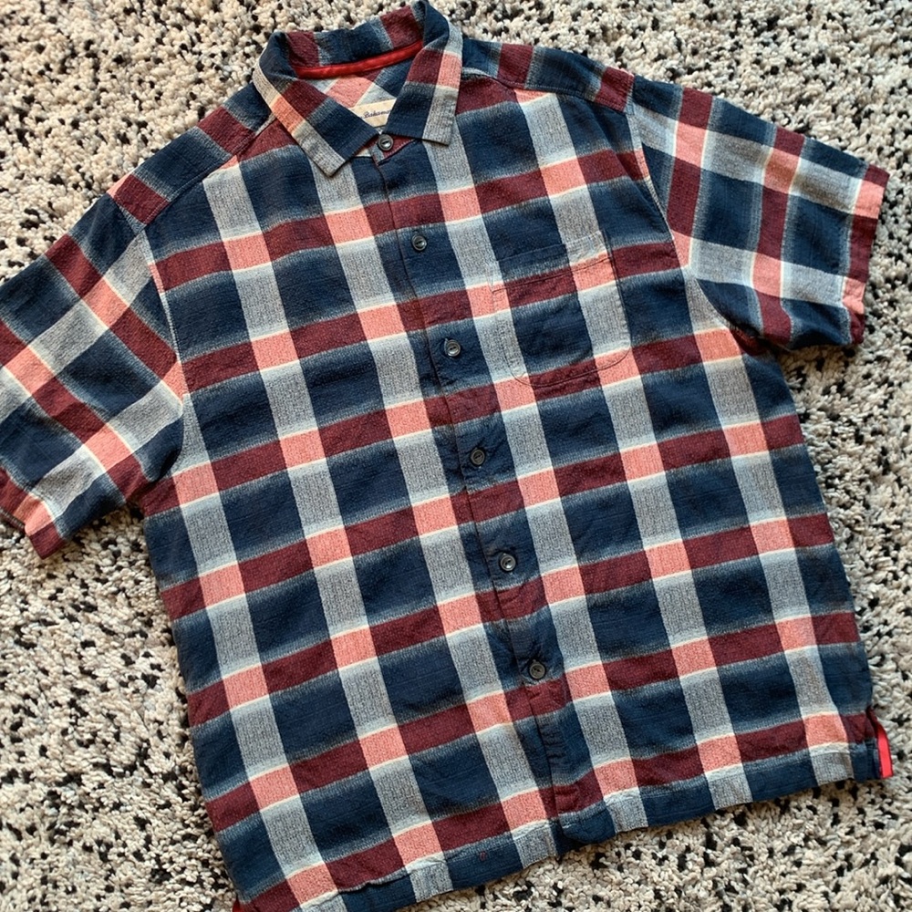 Tommy Bahama 100% Silk Shirt Blue Red Plaid Short Sleeve Button Up Men's Medium - Picture 3 of 15